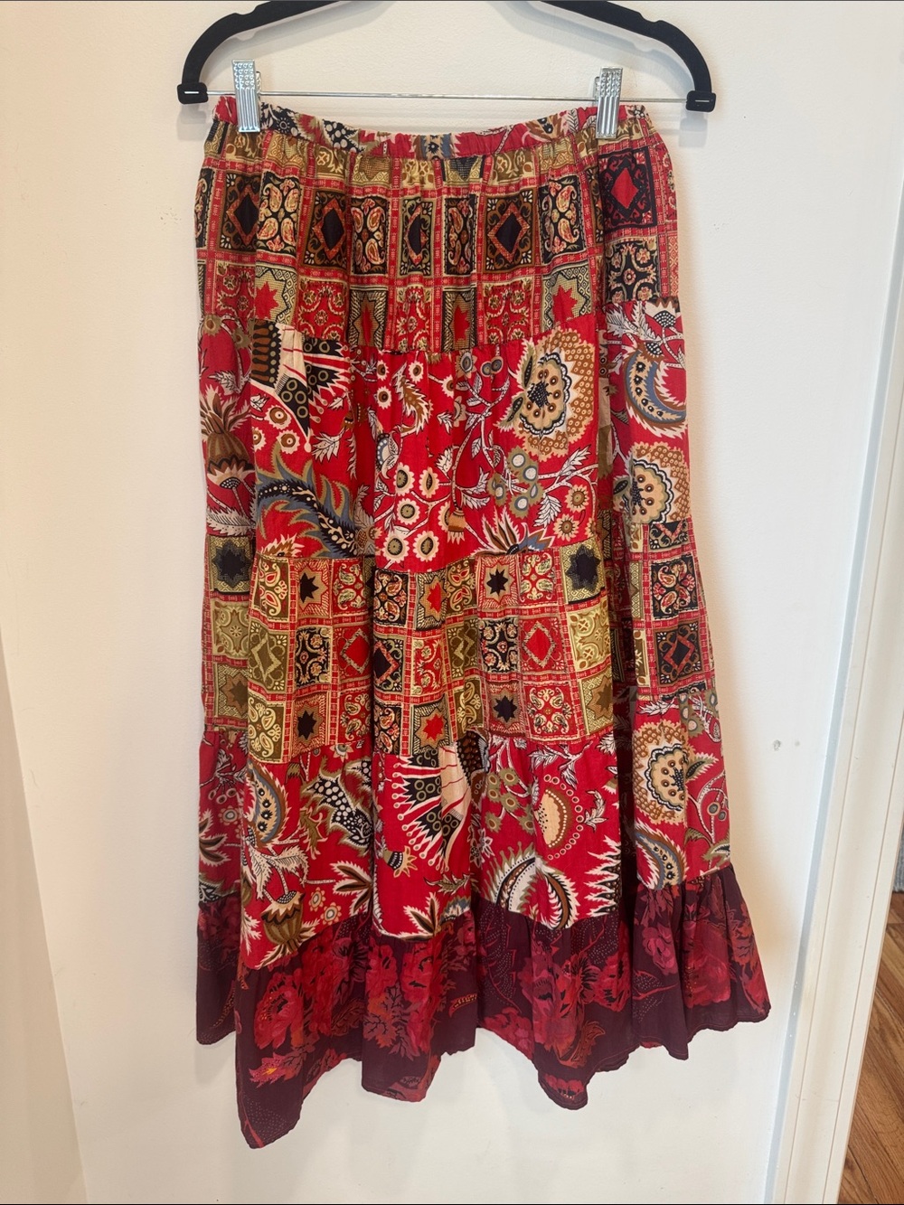 Notations Red Patchwork Boho Maxi Skirt